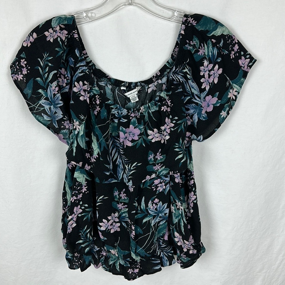 American Eagle Outfitters black floral print off-the-shoulder top, size L